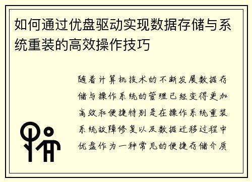 如何通过优盘驱动实现数据存储与系统重装的高效操作技巧