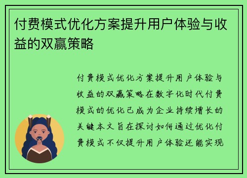 付费模式优化方案提升用户体验与收益的双赢策略